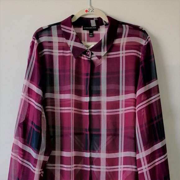 Lane Bryant Womens Purple White Plaid Sheer Button Up Tunic Shirt Size 26/28 - Picture 2 of 8